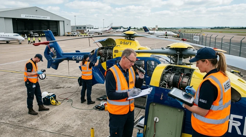 Helicopter safety inspection team examining rotorcraft turbine on airfield tarmac