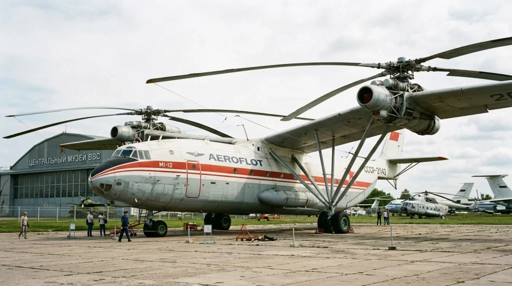 Mil V-12 Homer dual-rotor experimental helicopter parked outside aviation museum