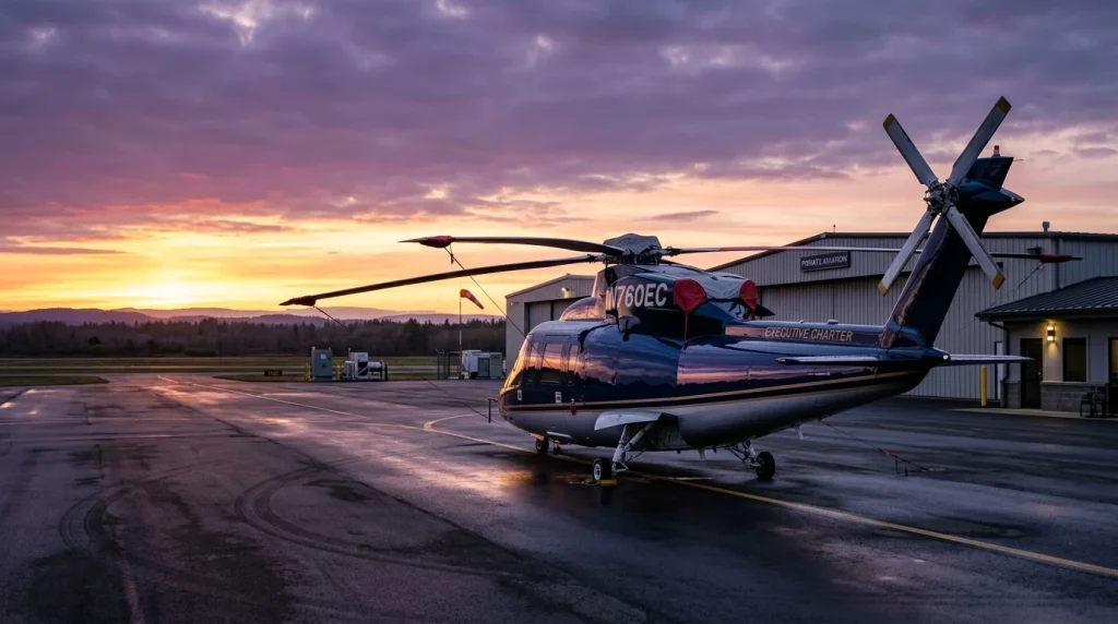Sikorsky S-76 executive helicopter on airport ramp at sunset with purple and gold horizon