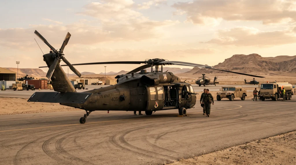 Sikorsky UH-60 Black Hawk military helicopter parked on airfield tarmac at sunset