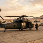Sikorsky UH-60 Black Hawk military helicopter parked on airfield tarmac at sunset
