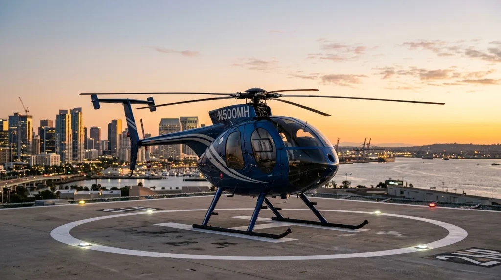 MD 500 light turbine helicopter parked on a scenic modern helipad