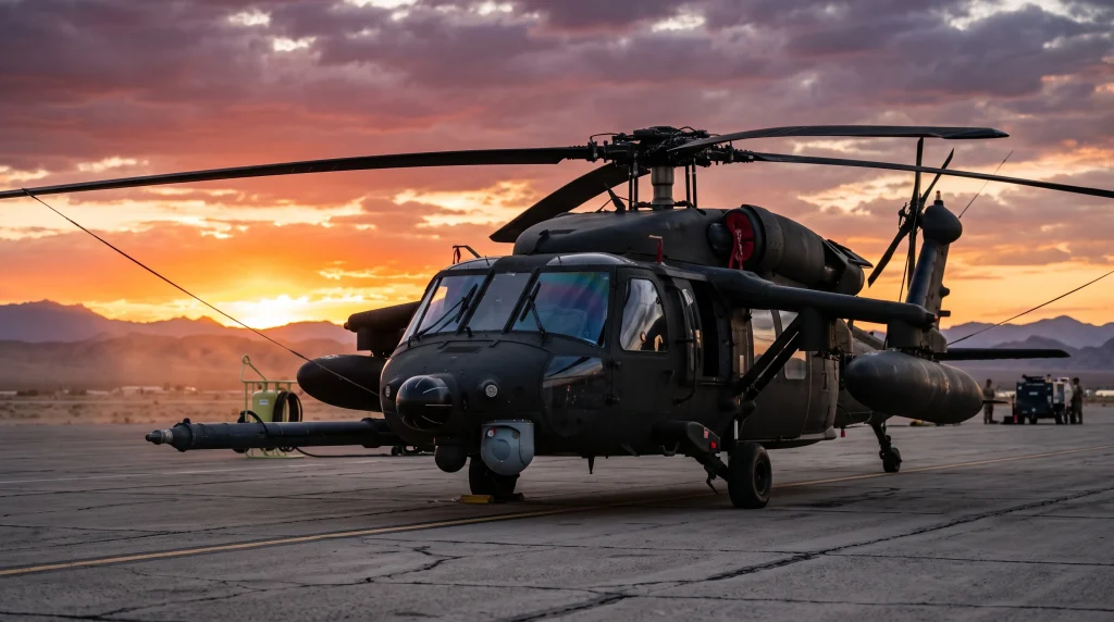 Sikorsky MH-60M special operations military helicopter on desert runway at dramatic sunset