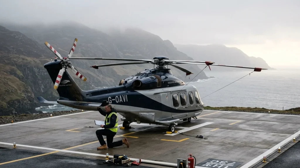 Sikorsky S-76 executive transport helicopter on helipad with misty coastal hills in background