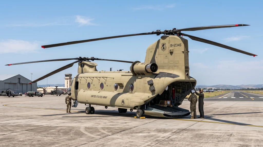 Boeing CH-47 Chinook tandem rotor military helicopter parked on airfield tarmac