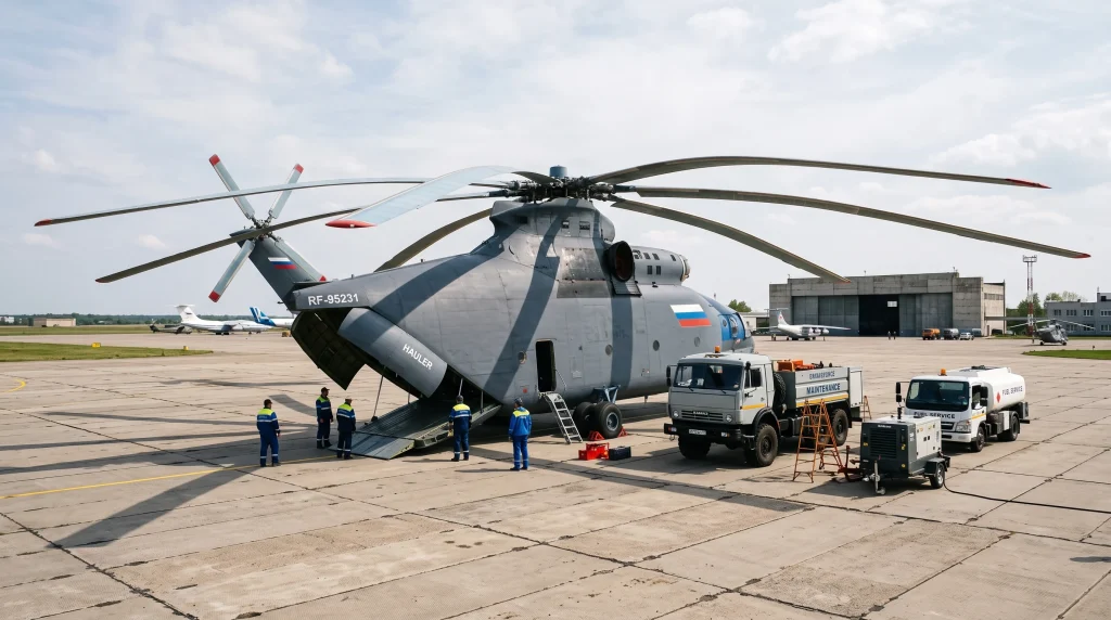 Mil Mi-26 heavy lift transport helicopter parked outside hangar on concrete apron