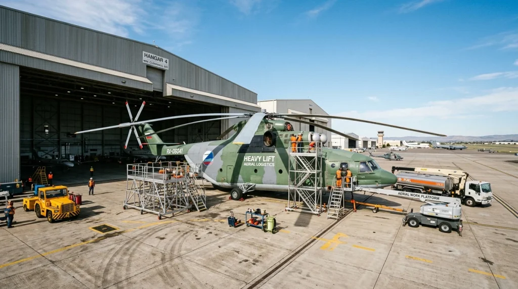 Mil Mi-26 giant heavy lift helicopter parked outside hangar showing massive scale