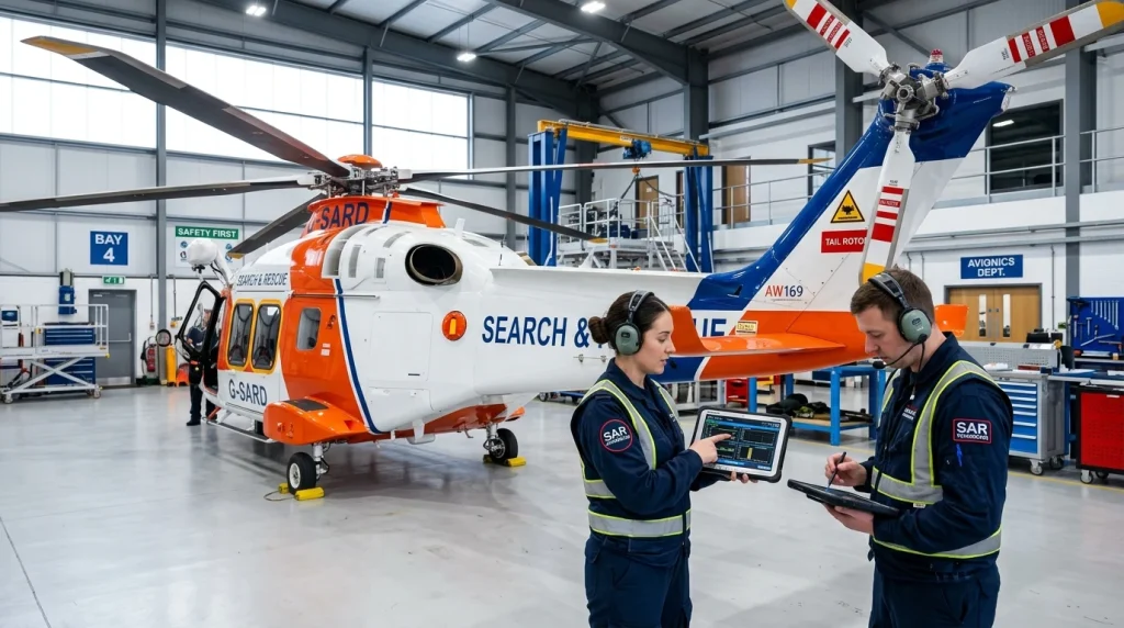 Avionics engineers analyzing helicopter flight telemetry data in modern hangar