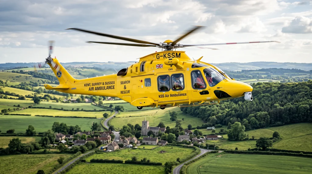Yellow helicopter search and rescue emergency operations UK