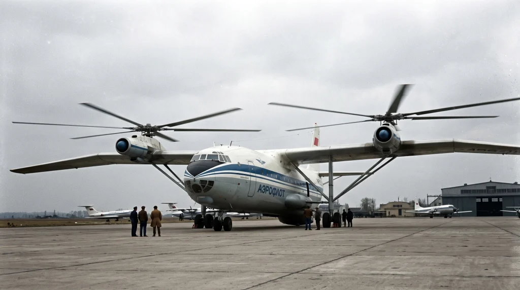 Mil V-12 Homer experimental giant helicopter on airfield with massive transverse rotors
